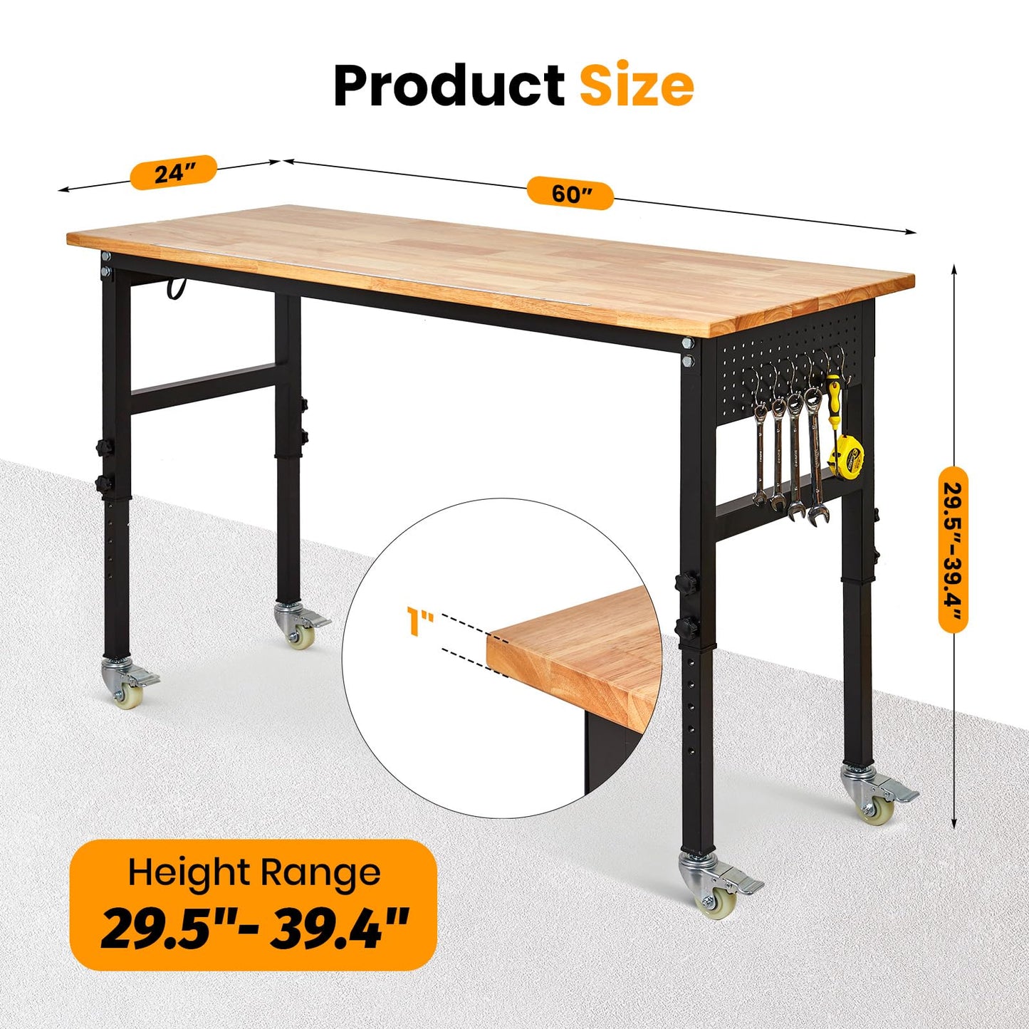 60" x 24" Heavy Duty Workbench with ETL Power Outlet, 8-Level Height Adjustment (29.5"-39.4"), Rubberwood Top with 2000 Lbs Capacity, for Garage/Workshop/Home Office, Metal Casters & Pegboard