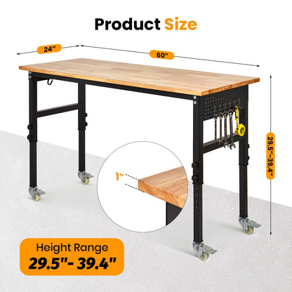 60" x 24" Heavy Duty Workbench with ETL Power Outlet, 8-Level Height Adjustment (29.5"-39.4"), Rubberwood Top with 2000 Lbs Capacity, for Garage/Workshop/Home Office, Metal Casters & Pegboard