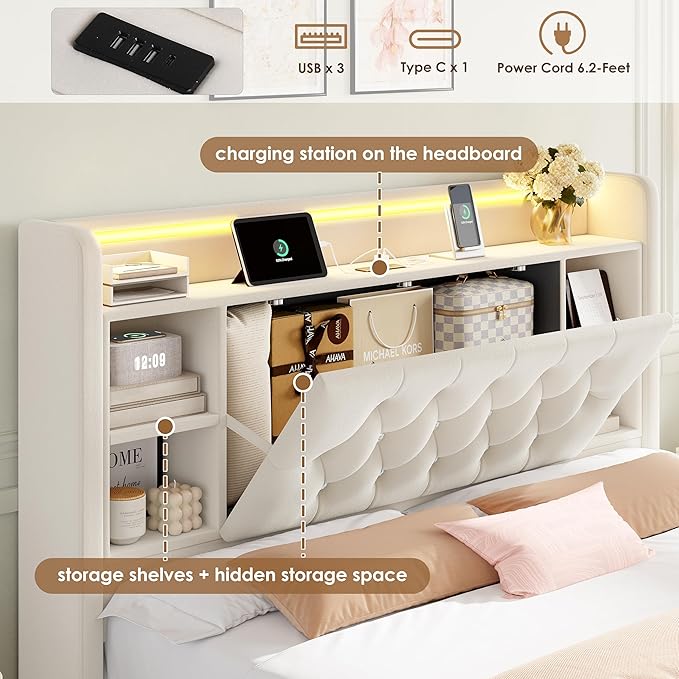 Full Bed Frame with Drawers, Hidden-Cubby & Shelves Storage Headboard with
