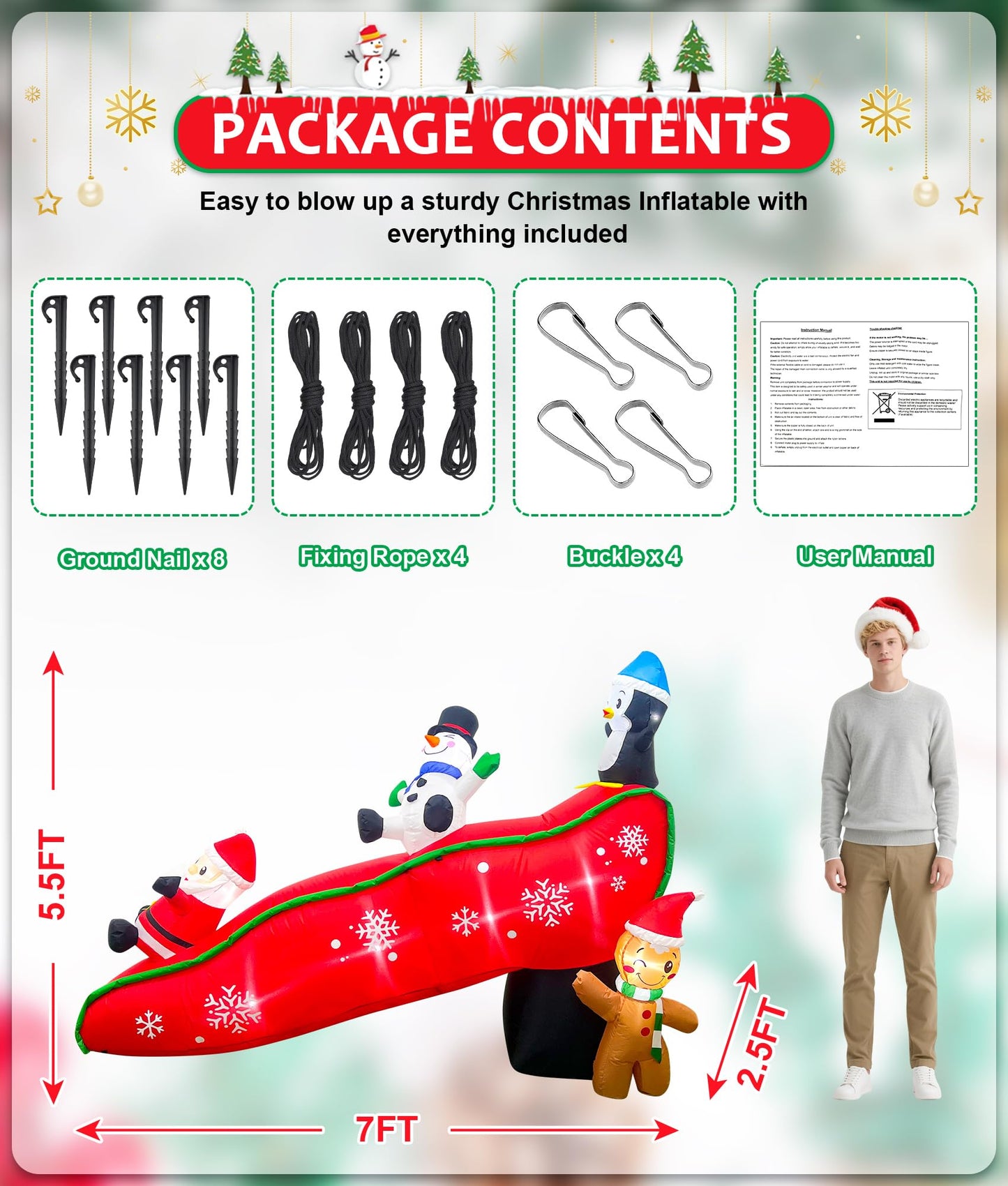 EAONE 7FT Christmas Inflatables Outdoor Decorations, Cute & Funny Inflatatable Christmas Santa Snowman Slide Blow Ups Yard Decoration with Lights for Garden Lawn Home Xmas Holiday Season Decor