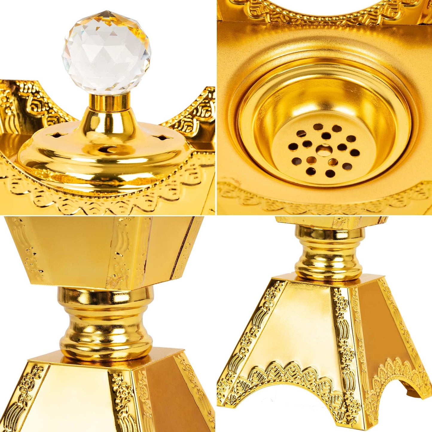 Large Gold Incense Burner Holder, Bakhoor Frankincense Charcoal Censer Resin Stand, Ideal for Aromatherapy Yoga Spa, Home Christian Church Decor 9.43" (Gold Burner)