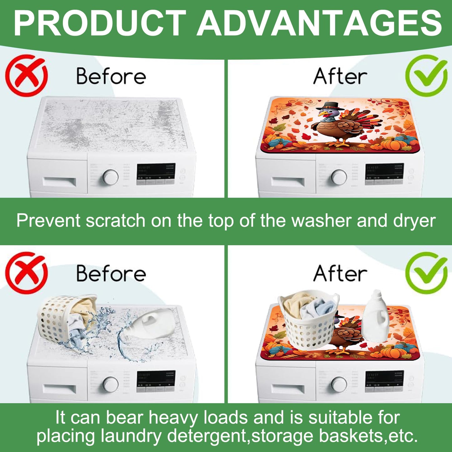 Cute Thanksgiving Turkey Washer and Dryer Covers For The Top, Non-slip Fast Drying Absorbent Dryer Top Protector Mat for Kitchen Laundry Room Decor,23.6"x19.7"