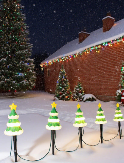 Hobbynors 5 Pack Christmas Decorations Outdoor Pathway Lights, Enchanting Christmas Tree Yard Stakes, Waterproof Holiday Decor Lights for Walkway, Lawn, Garden - Warm White LED