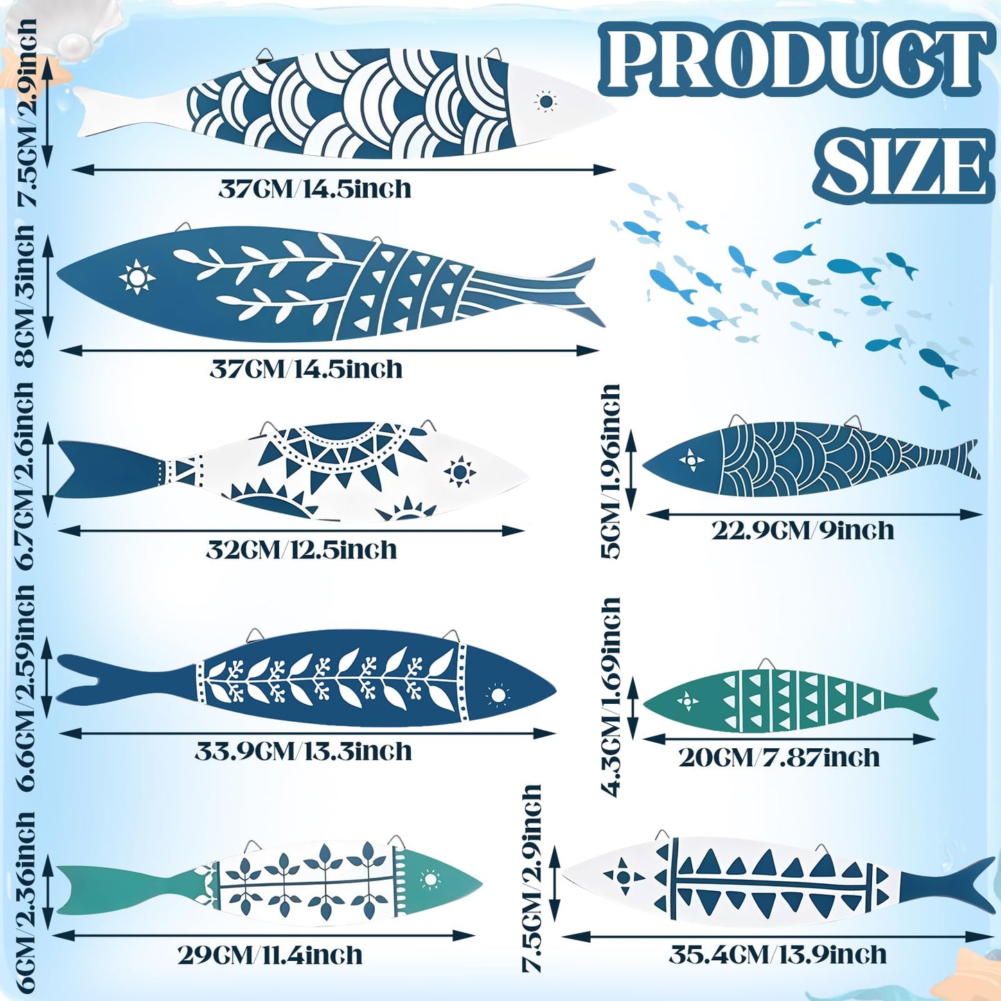 Novabright 8 Pcs Wooden Fish Wall Decor Nautical Oceans Beach Decor Fish Hanging Wall Art Ocean Coastal Rustic Farmhouse Theme for Home Ocean Lake House Bathroom Bedroom