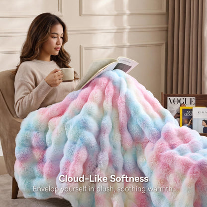 Smoofy Faux Fur Throw Blanket for Couch - Rainbow Super Soft Cozy Bubble Blanket, Fluffy Plush Fuzzy Throw for Sofa & Bed, Thick Lightweight Warm Blanket, Luxury Aesthetic Gift for Women 50"x60"