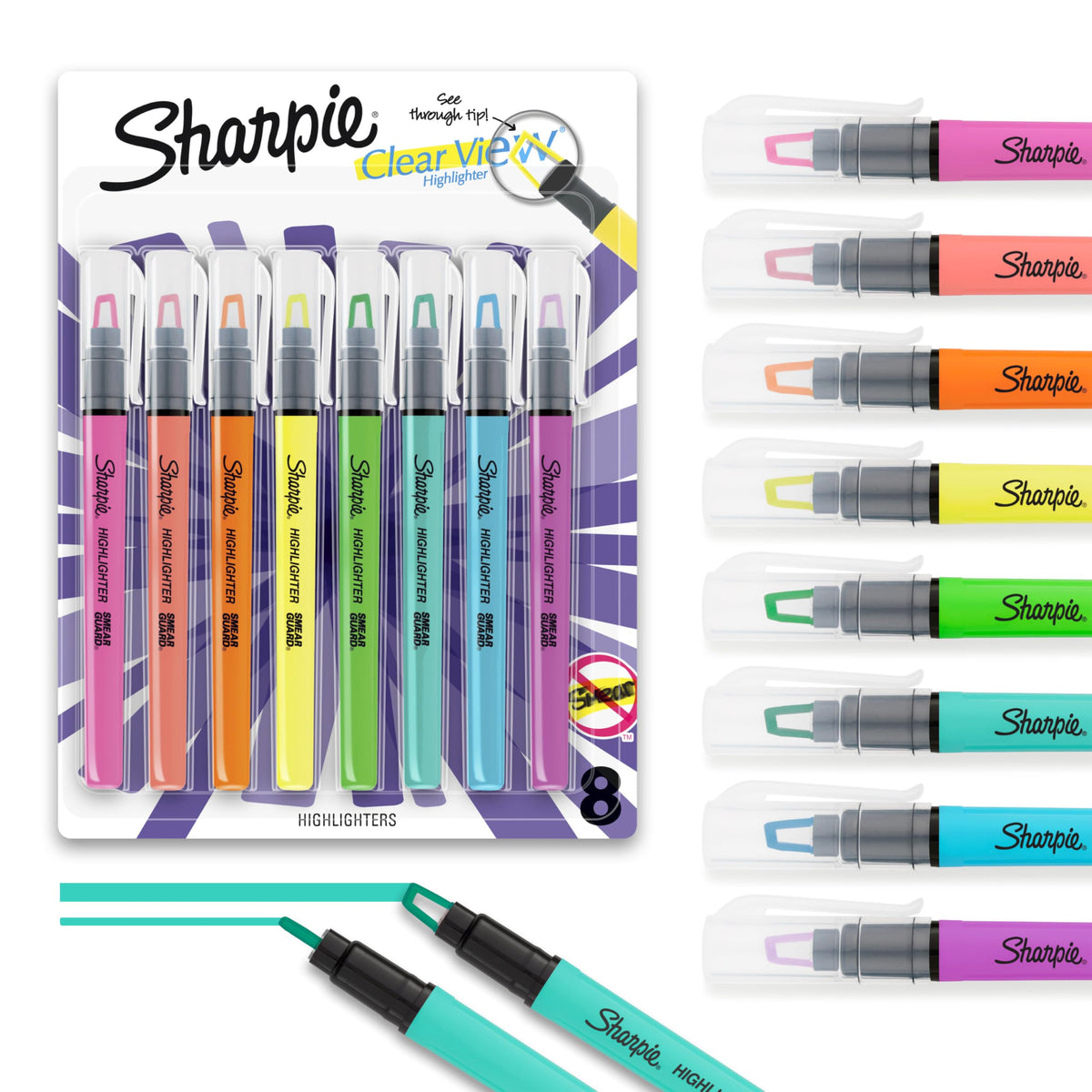 Sharpie Clear View Highlighter Sticks, Chisel Tip, Assorted Fluorescent, 8 Count - School, Home, and Office Use, Teacher Supplies