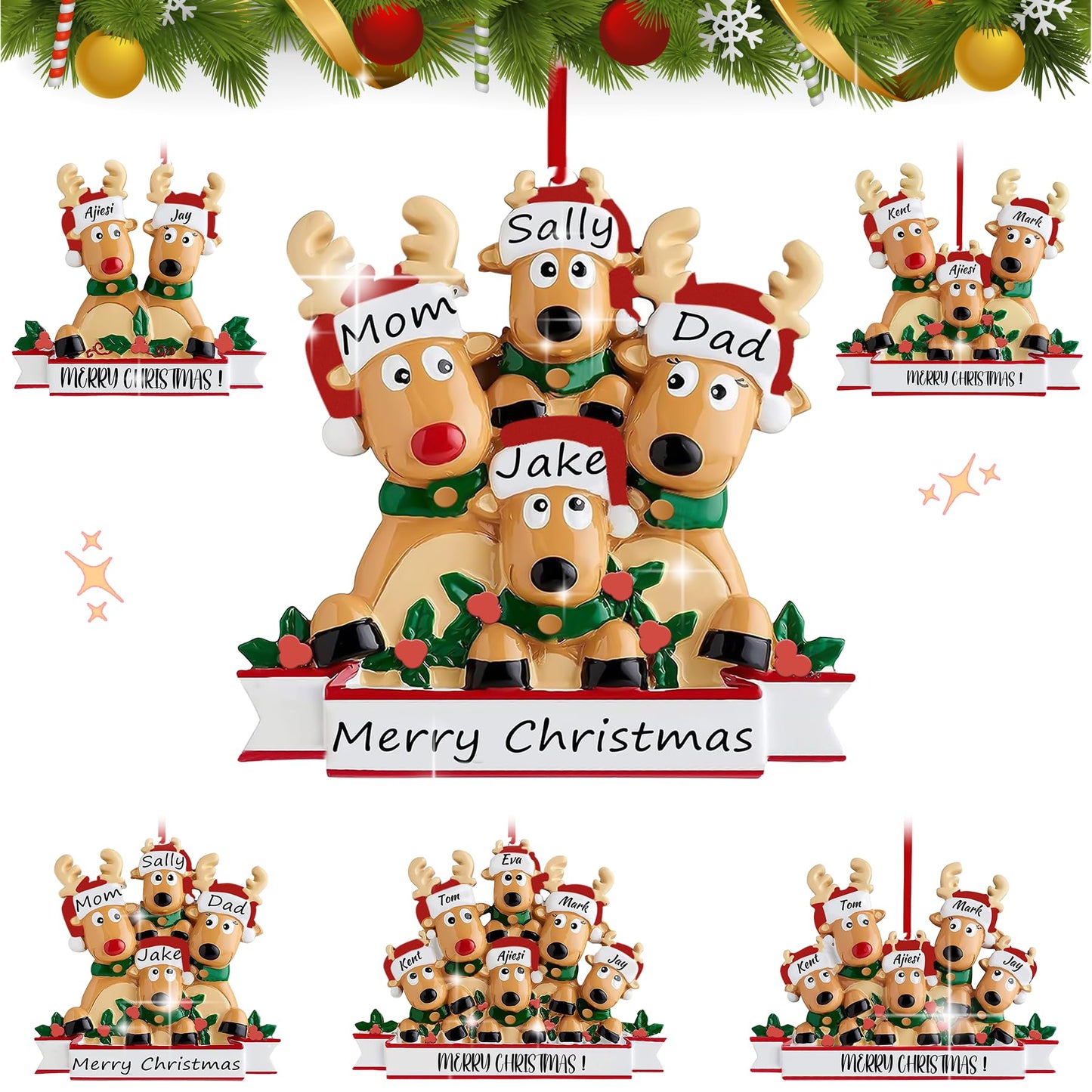 Personalized Reindeer Christmas Ornaments 2025, DIY Resin Elk Deer Family Ornaments with Custom Name, Tree Decorations, 3D Customized Christmas Ornament Gifts (Family of 4)