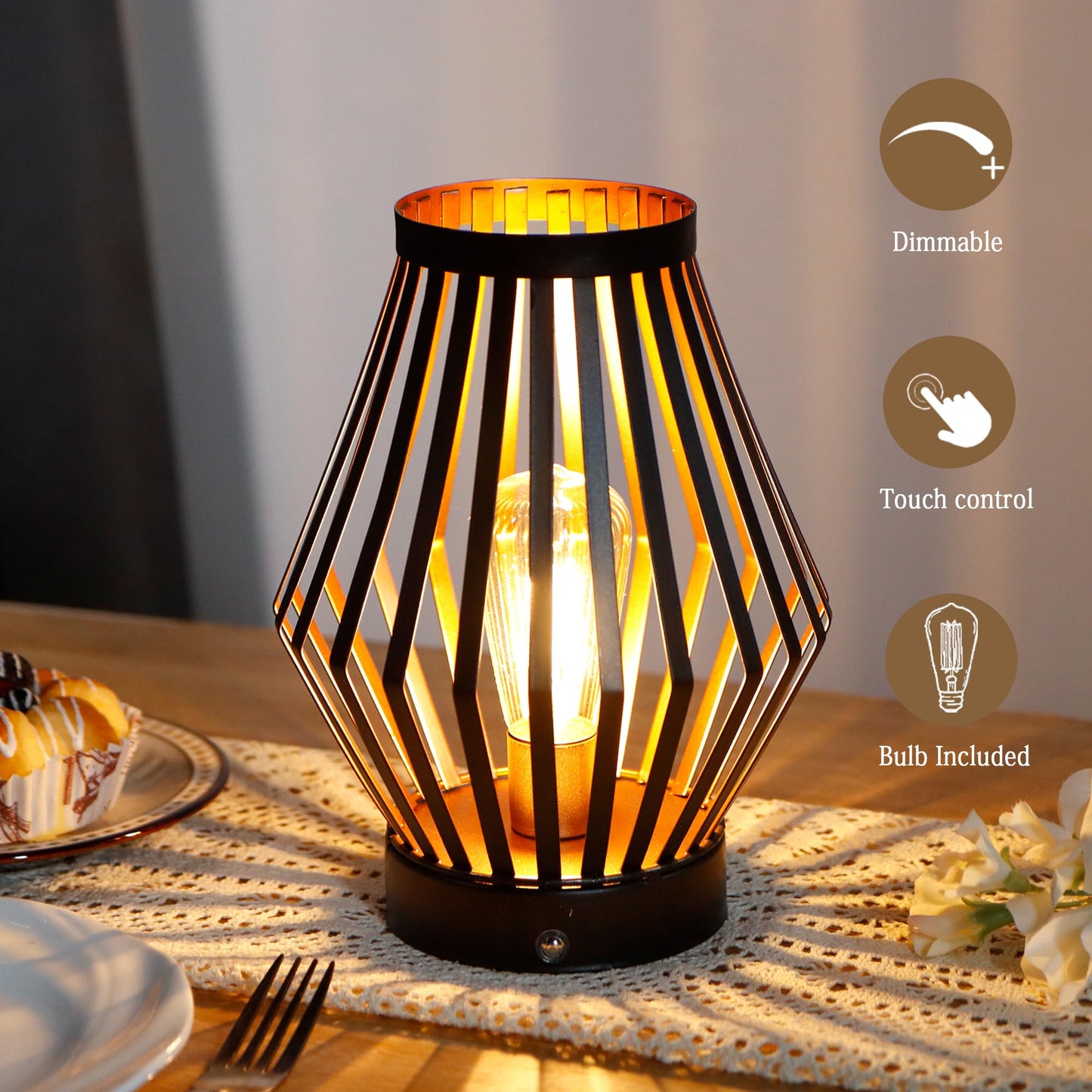 JHY DESIGN Dimmable Touch Bedside Table Lamp 20cm High Rechargeable Metal Cage Lantern with LED Edison Style Bulb Cordless Accent Lamp for Weddings Parties Patio Events for Indoors Outdoors