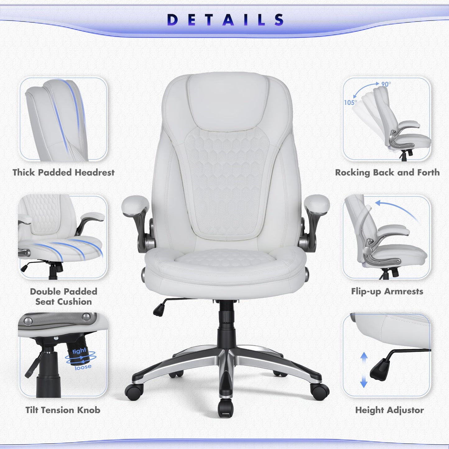 COLAMY Office Chair Ergonomic Desk Chair-Executive Office Chair with Upgraded Caters, High Back Computer Chair Flip-up Arms, Strong Metal Base, Swivel Leather Chair for Work/Study, 300lbs, White