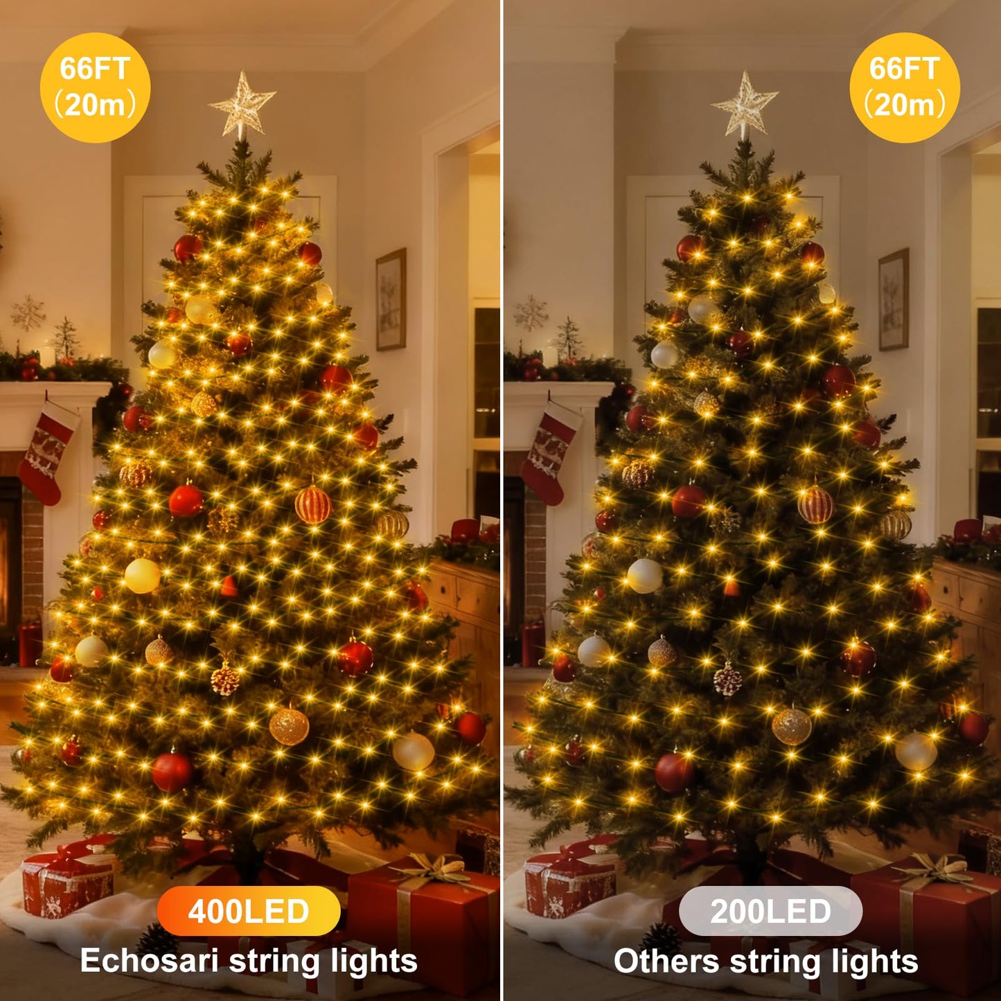echosari 400 LED Christmas String Lights Connectable, Extra Long 66Ft Outdoor String Lights End-to-end Plug in with Remote Timer for Garden Patio Tree Decor (Warm White)