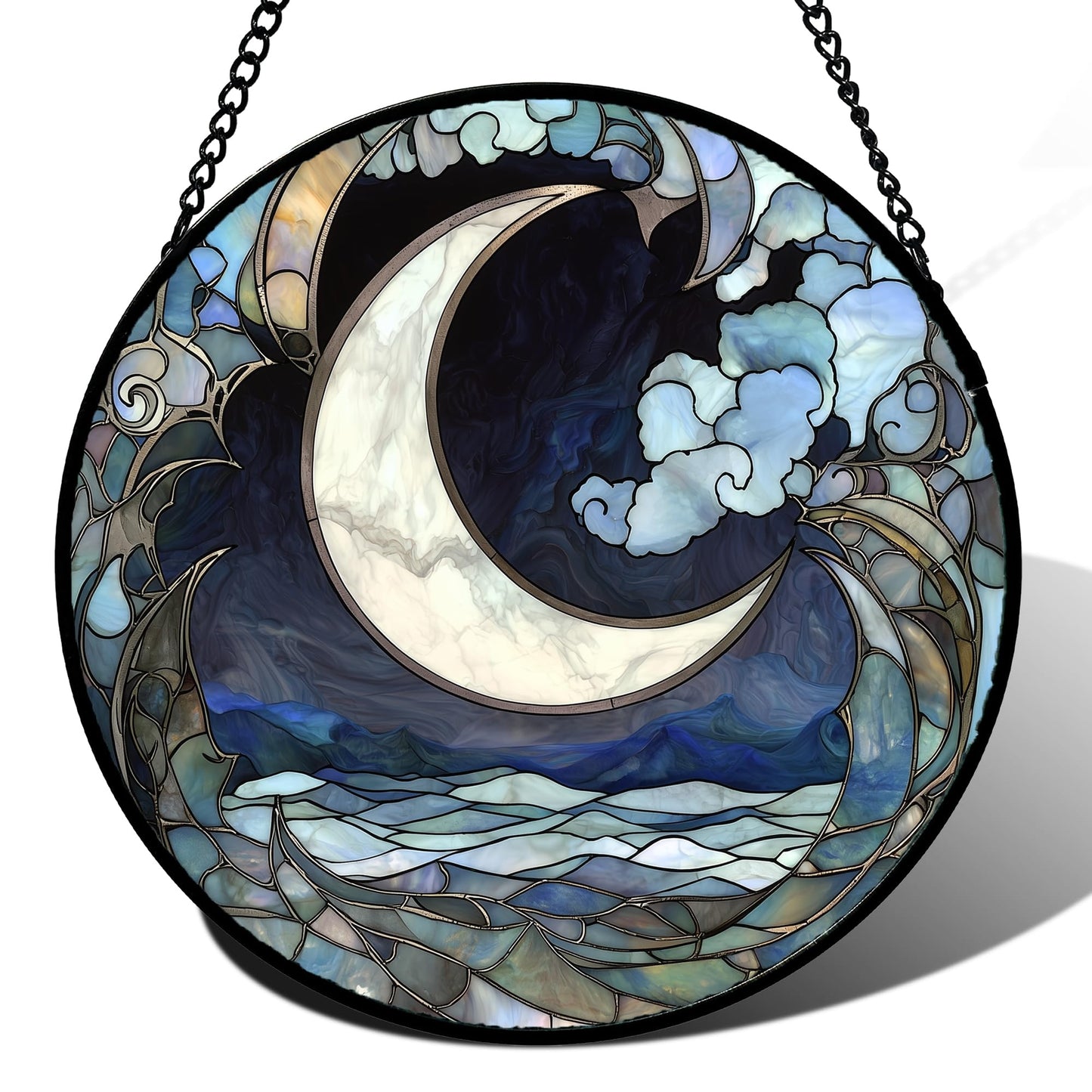JOSUMALY Stained Glass Window Hanging - Abstract Sea of Clouds Moon Sun Catcher for Door Terrace Garden Home Decor, Gray Blue Suncatcher Birthday Gifts for Lovers Women Men Dad Mom Nana 11.8 in