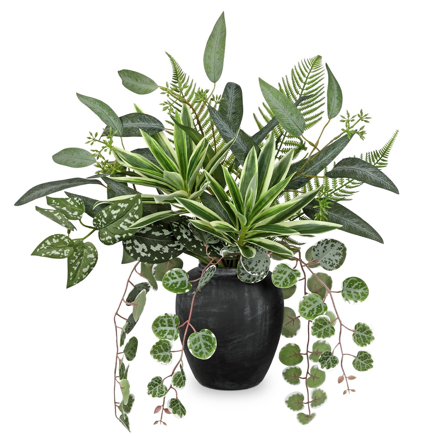 Artificial Greenery Arrangement with Cement Vase, Fake Potted Plants in Rustic Jug Planter, Faux Leaf Bouquet for Table Centerpiece, Farmhouse Home Decor, Dining Room, Living Room, Shelf Decoration