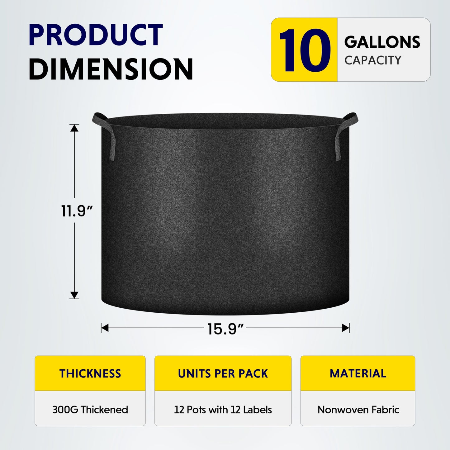 iPower 12-Pack 10 Gallon Grow Bags Heavy Duty Thickened Aeration Nonwoven Fabric Pots with Nylon Handles and 12 Labels for Planting Vegetables, Fruits, Flowers, Black