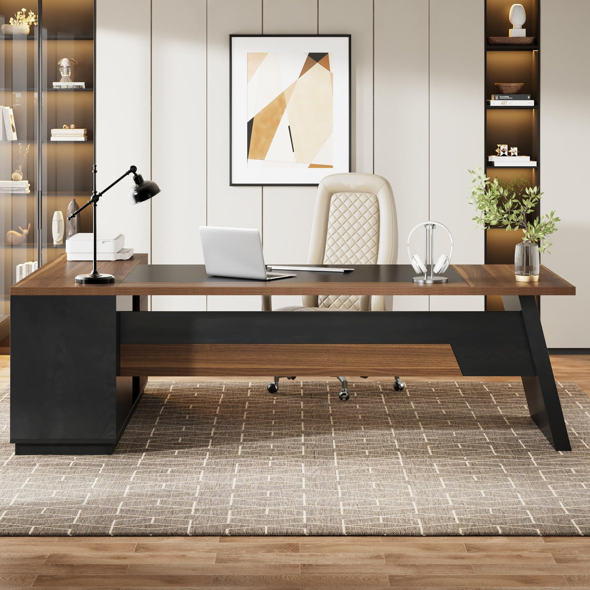 Tribesigns 78" L-Shaped Executive Desk, Extra Large Modern Office Desk with Drawers and File Cabinet, Business Furniture with Storage Shelves, Big Computer Desk for Home Office (Light Walnut + Black)