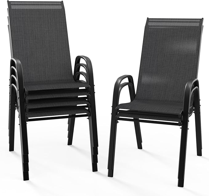 VINGLI Patio Chairs Set of 6 – Stackable Outdoor Dining Chairs with Comfortable Sling High Back Chairs and Armrests for Lawn, Poolside, Courtyard, Balcony, Garden, Black