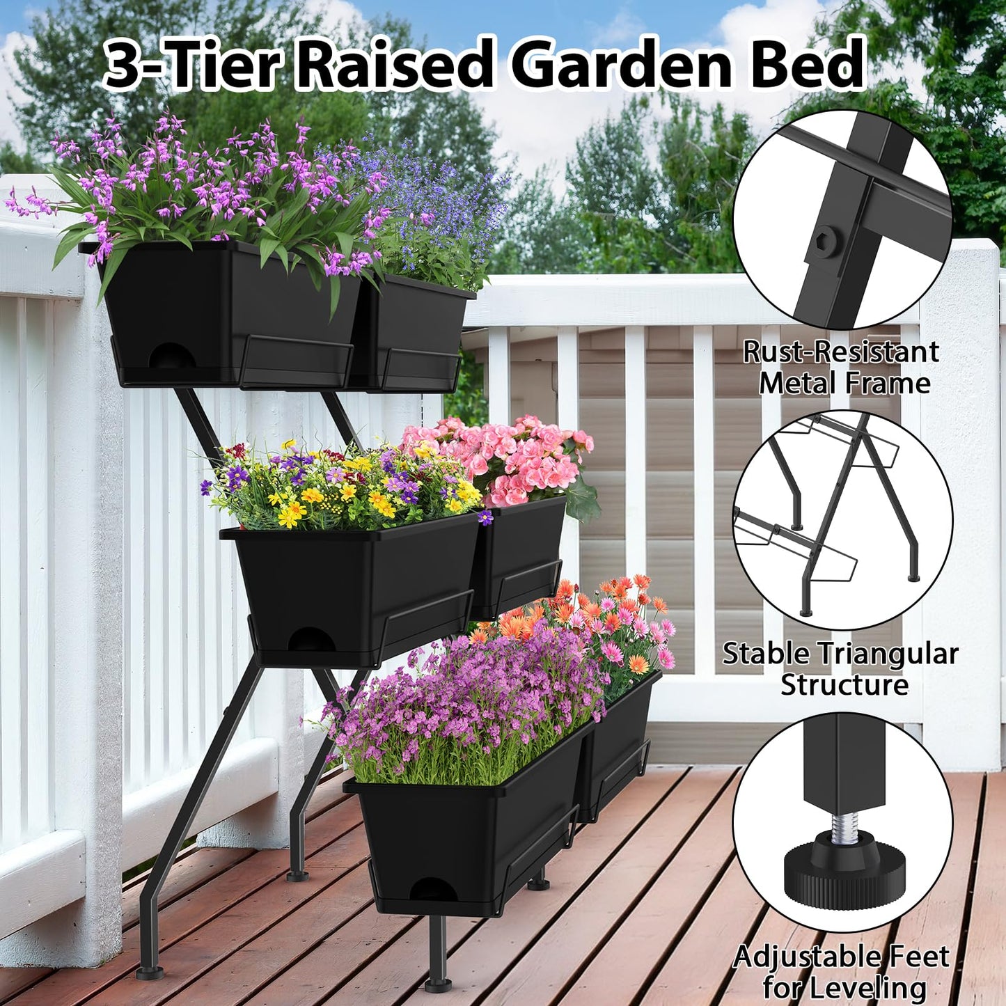 Sunexinlo 3-Tier Vertical Garden Planter with 6 Boxes, 31" Tall Raised Garden Bed with Adjustable Feet for Herbs, Flowers, Vegetables, Ideal for Indoor, Outdoor, Patio, Balcony, Deck Use, Black