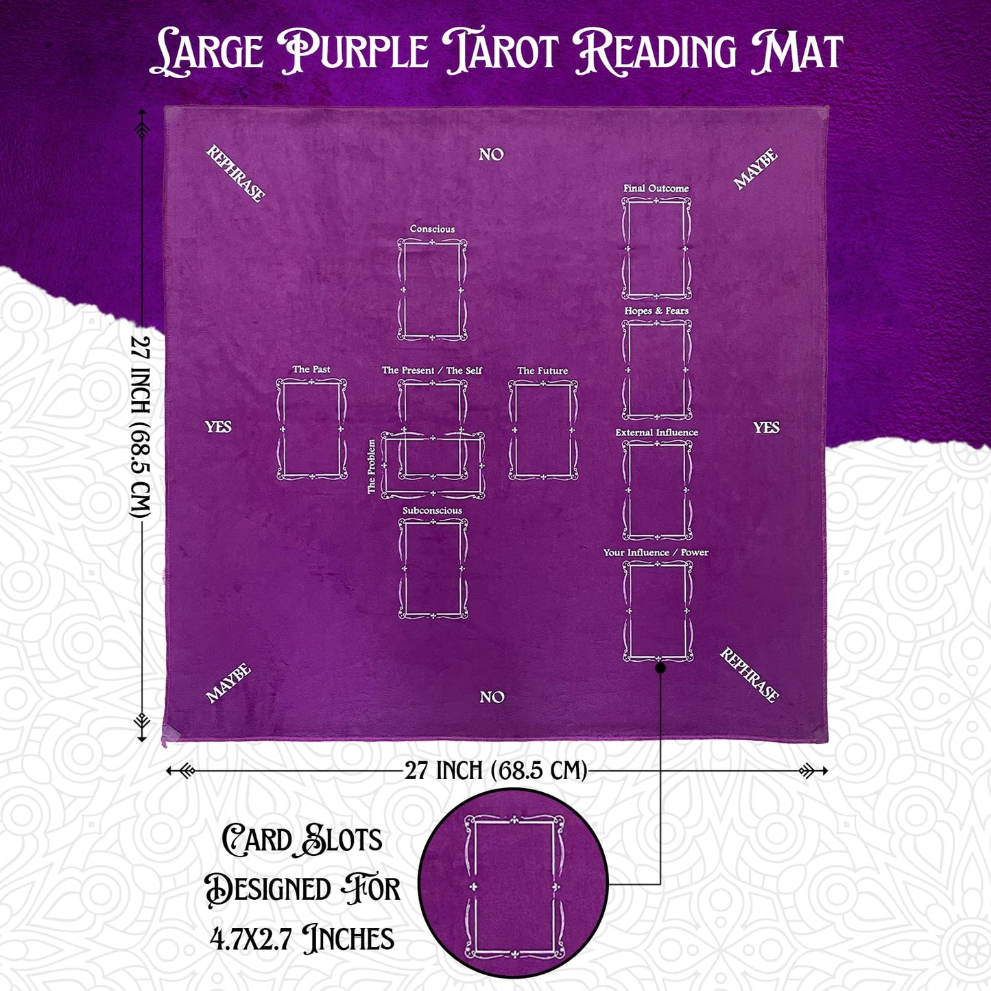 Purple Velvet Tarot Cloth for Reading 27x27 - Tarot Mat with Celtic Cross Spread Guide, Pendulum Mat & Divination Altar Tablecloth, Witchcraft & Crystal Ritual Pouch Included