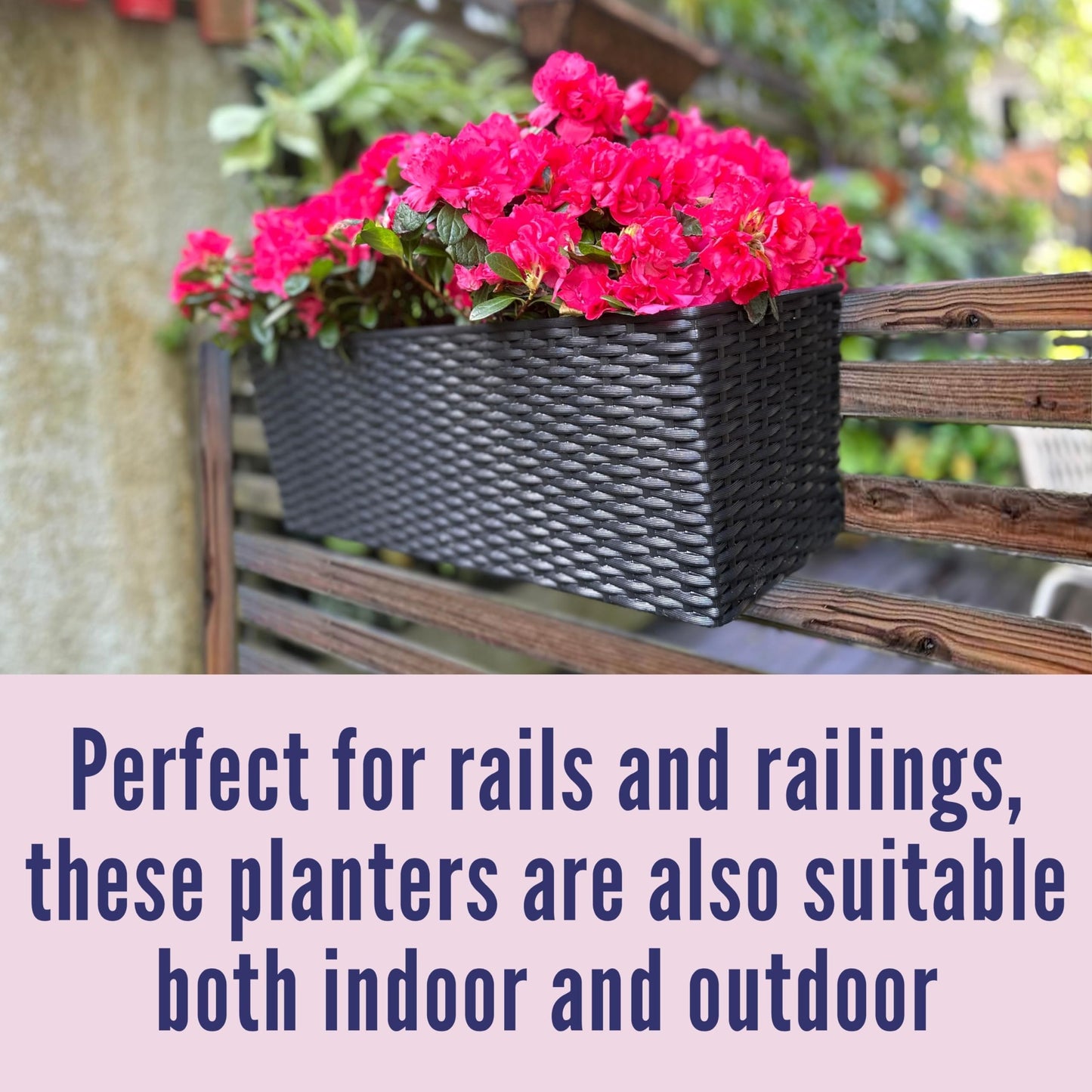 LaLaGreen Deck Railing Planter Box (20 Inch, 4 Pack) Black Rectangular Window Flower Boxes with Bracket, Self Watering System Hanging Planter Box for Outdoor Plant Container Herb Rail Fence Balcony