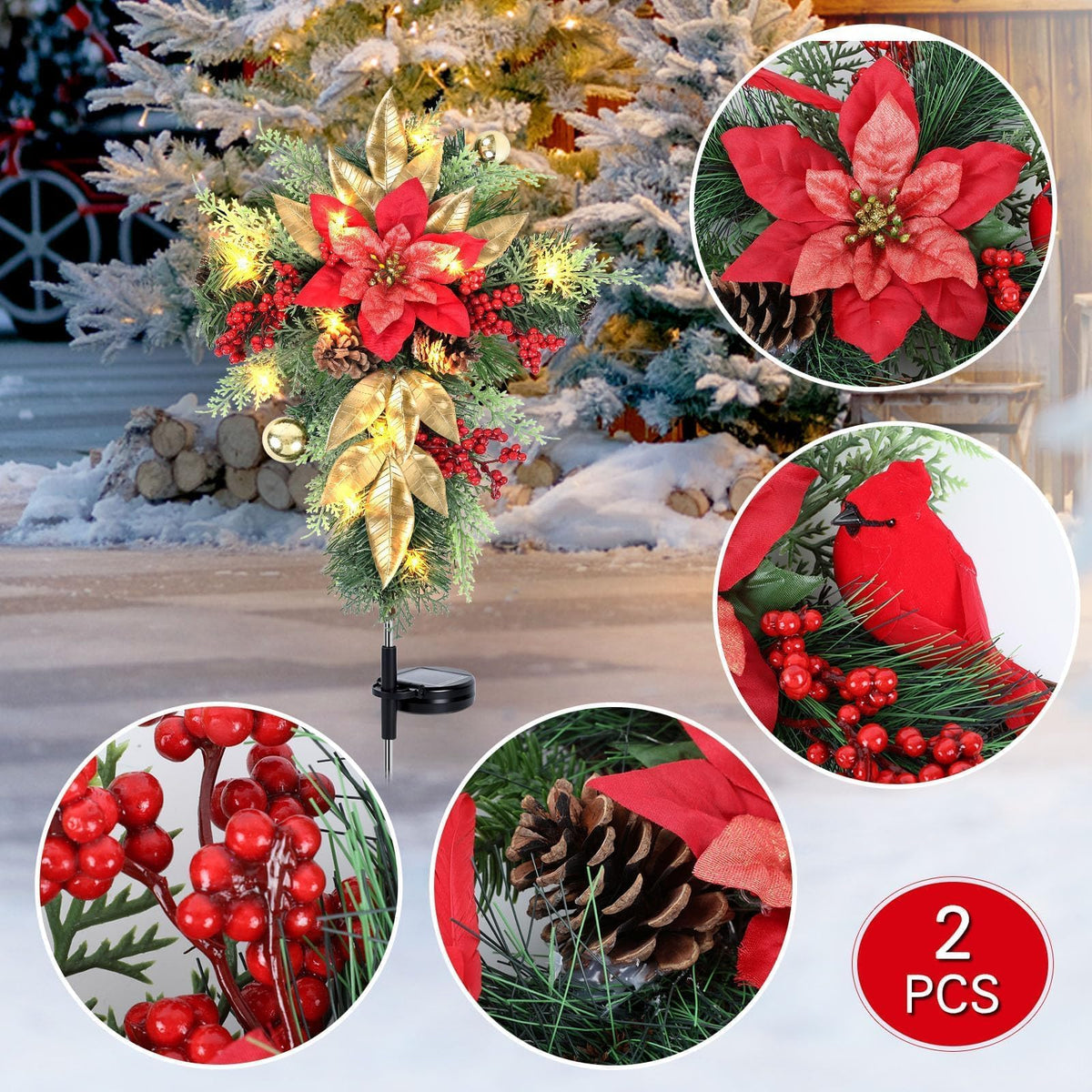 2 Pack 36" Solar Christmas Decorations Outdoor Christmas Cross Stake Lights Waterproof Cemetery Grave Decoration Faux Poinsettia Pine Cones Berries Ornament Stakes for Garden Yard Patio Lawn Cemetery