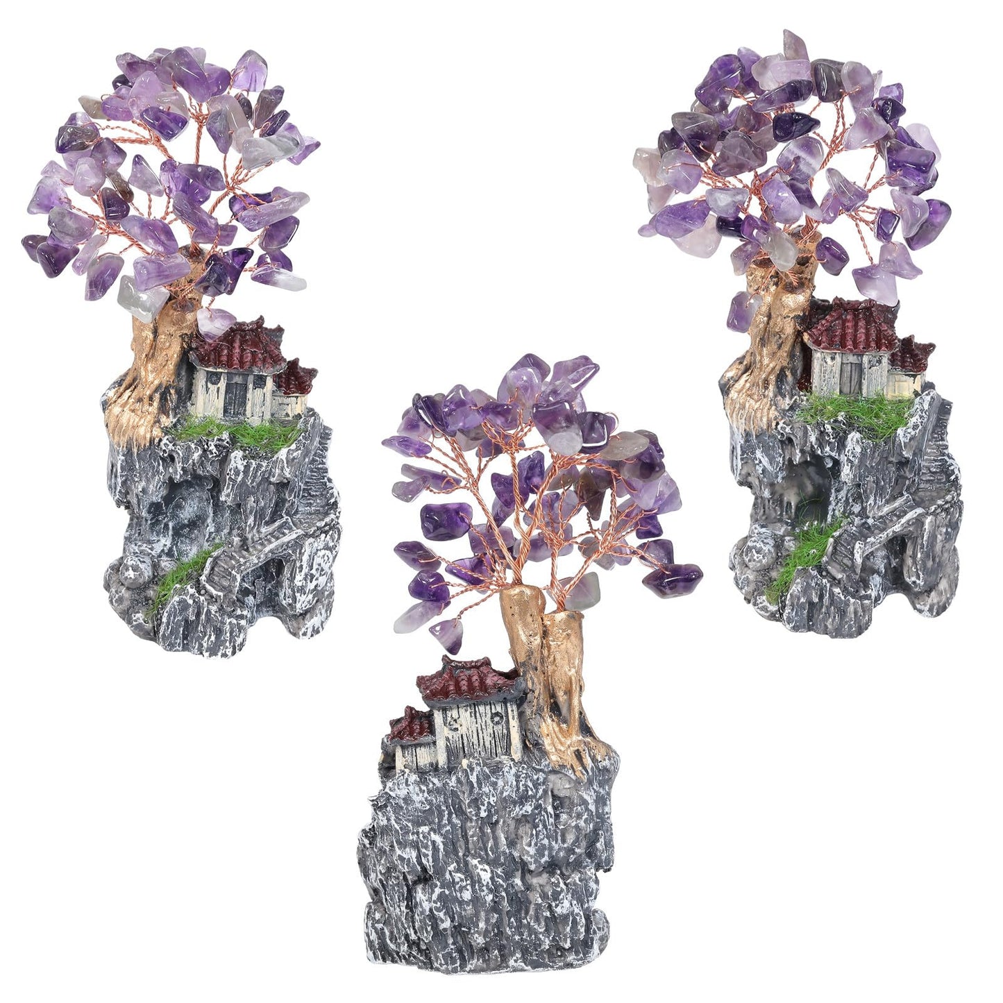 SUNYIK Resin Mountain Tree Fairy House Decor Chakra Crystal Money Tree Miniature Figurine Household Landscape Decor Indoor Garden Village, Amethyst