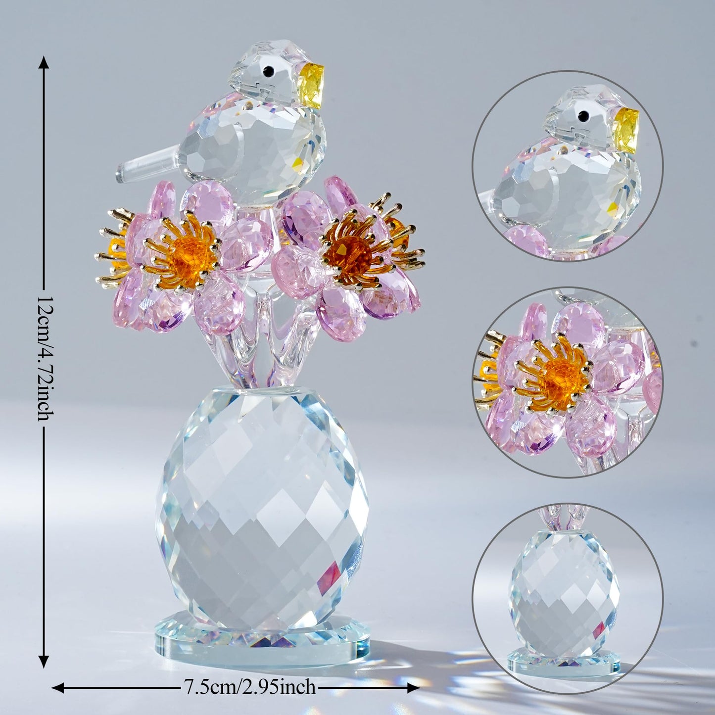 CNCRMEM Crystal Bird & Forget-Me-Not Flower Figurine,3x4 inch Glass Flower Collectible Ornaments for Home Decor Table Centerpiece Glass Bouquet Flowers Keepsake Gifts for Women （Pink）