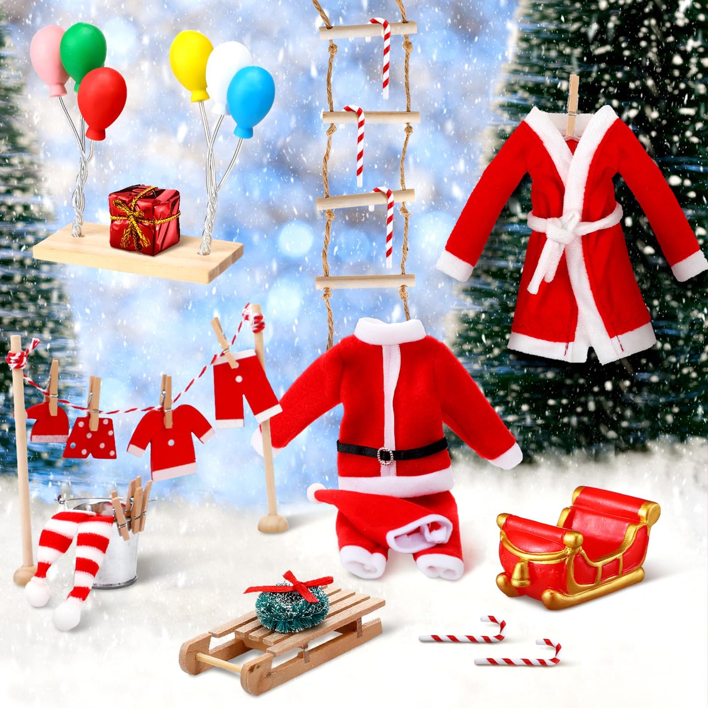 Civaner 34 Pcs Christmas Elf Costume and Accessories Set Include Mini Santa Outfits Elf Robe Scarf Hat Ladder Candy Canes Sled Gift Box Balloon Wreath and Mini Props for Xmas DIY Craft Gift