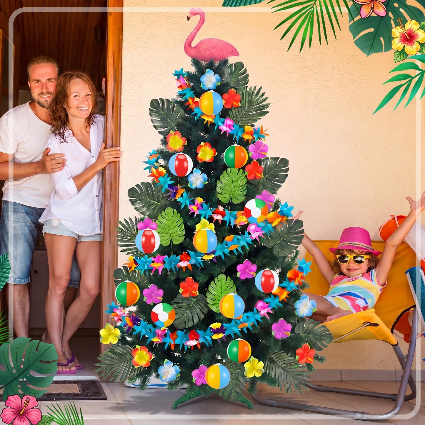 Glimin 54 Pcs Hawaiian Christmas Tree Decoration Set Tropical Flower Paper Garlands with Flamingo Tree Topper Hibiscus Flowers Palm Leaves Picks Beach Ball Ornament for Summer Hawaiian Luau Xmas Decor