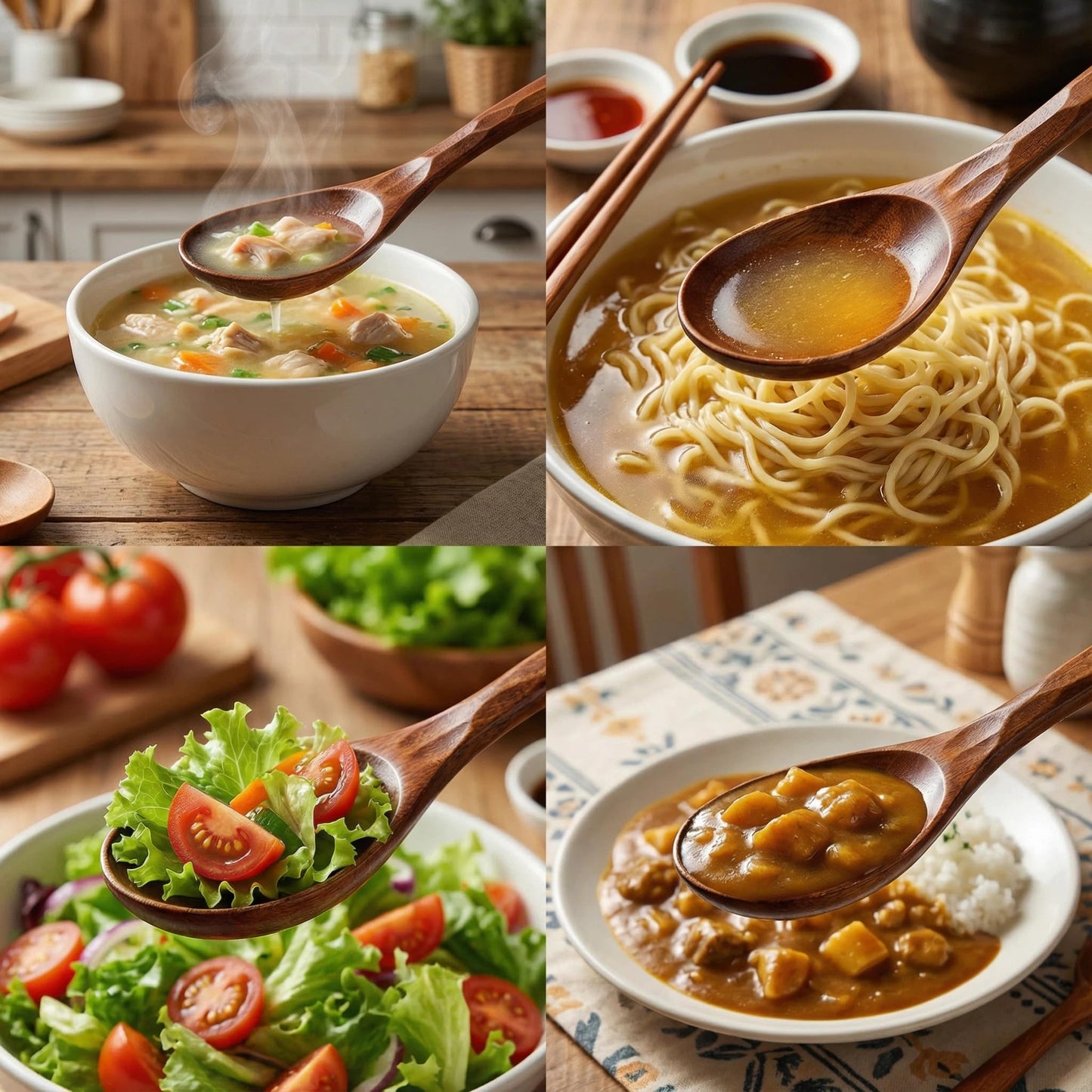 Diulazin Handmade Wooden Spoons for Eating, Japanese Ramen Spoon Set with Long Handle, Perfect for Rice, Desserts, and Cooking - Stylish Kitchen Utensils (6 PCS)