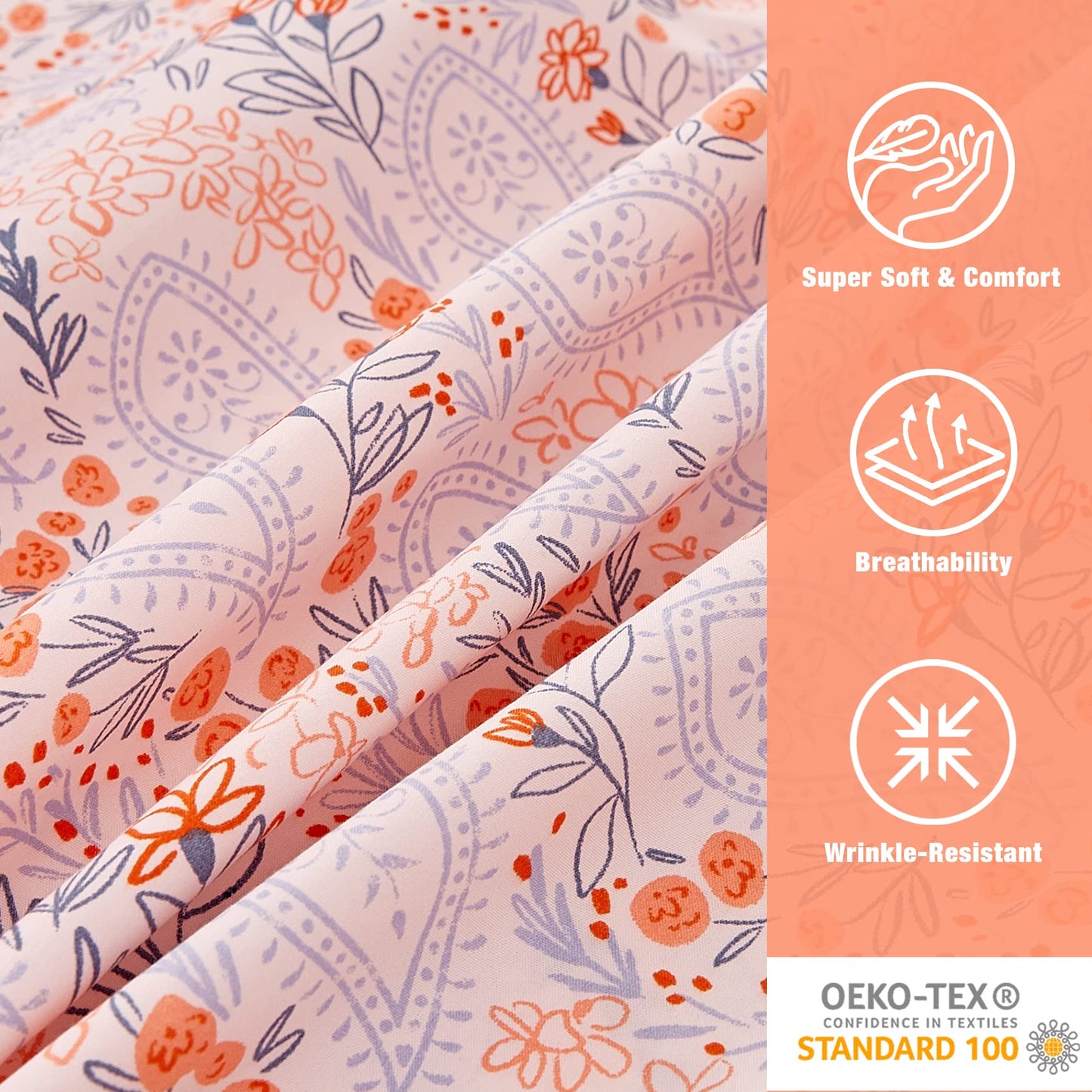 JSD Pink Paisley Floral Sheet Set Queen Size, 4 Piece Soft Printed Microfiber Sheets Extra Deep Pocket