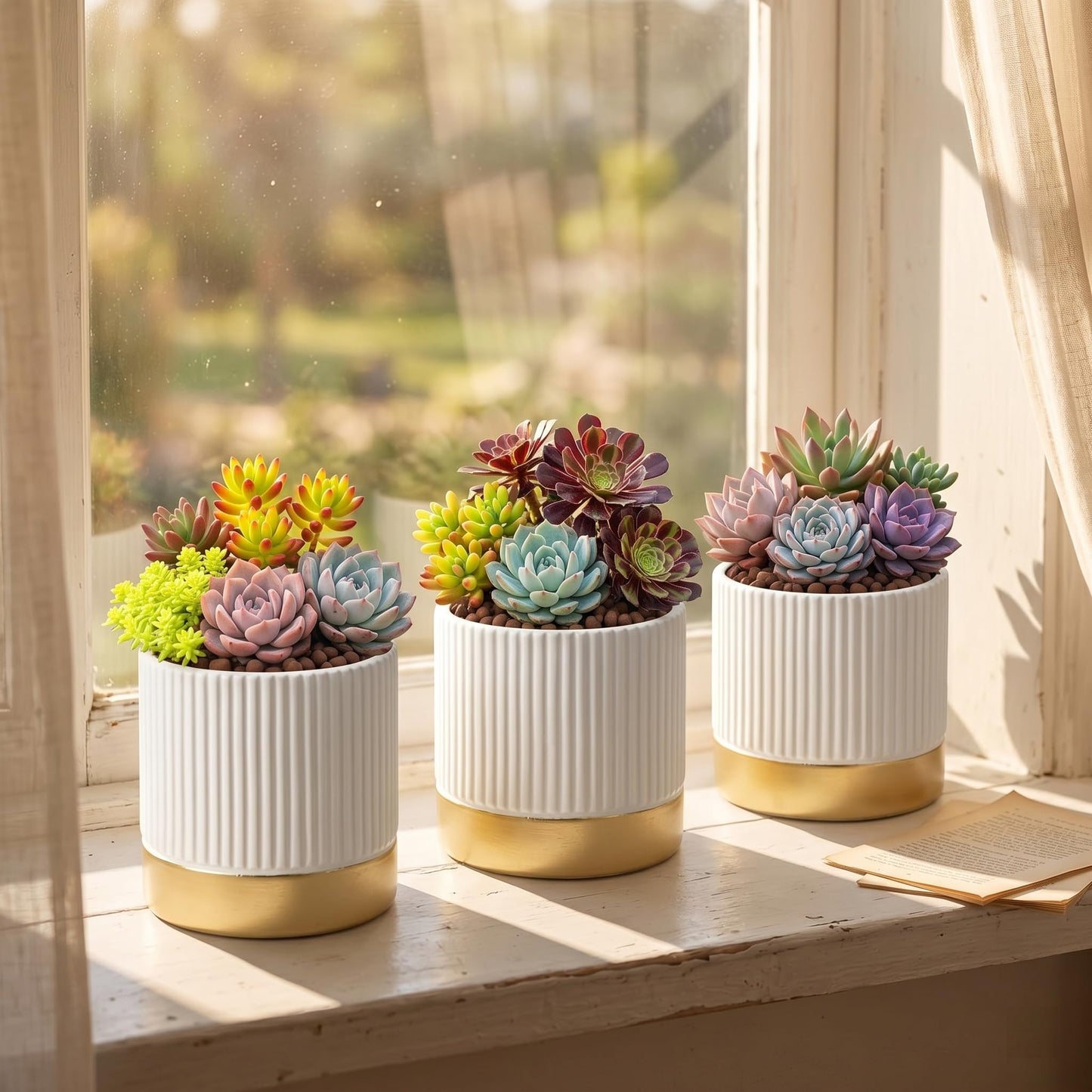 Ten-stone Set of 3 Cement Planter Pots with Drainage Hole,4 inch Plant Pots for Plants Indoor Houseplants,Succulent Pots Windowsil Planter (White&Gold)