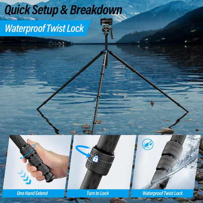 SIRUI AM-124 Carbon Fiber Tripod with AM-5VX Fluid Head, 65.6“ Compact Video Camera Tripod for Travel, Triangular Center Column, Side Loading QR Plate, Waterproof Twist Lock, Loads 6.6lbs