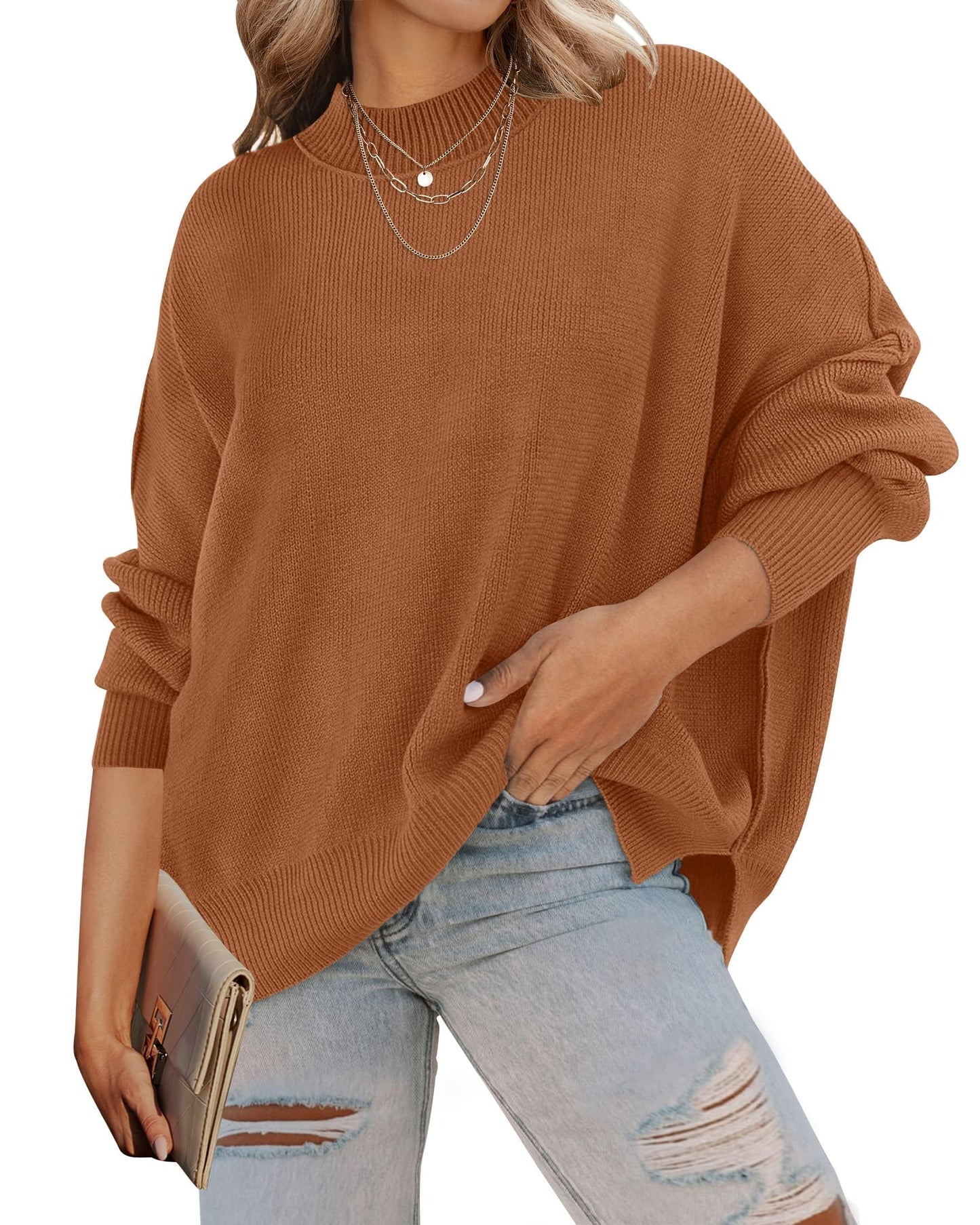 ZESICA Women's Fall 2025 Casual Long Sleeve Crew Neck Side Slit Oversized Ribbed Knit Pullover Sweater Tops