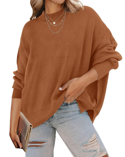 ZESICA Women's Fall 2025 Casual Long Sleeve Crew Neck Side Slit Oversized Ribbed Knit Pullover Sweater Tops