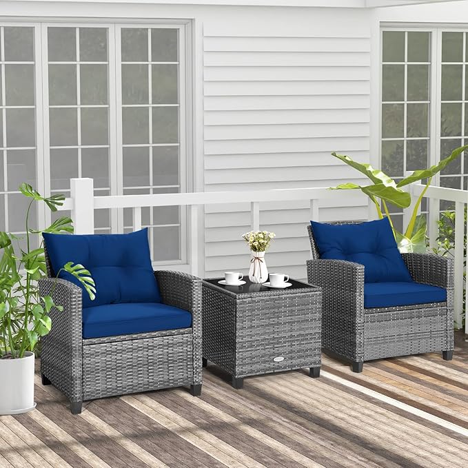 HAPPYGRILL 3 Pieces Patio Conversation Set, Outdoor Furniture Set PE Rattan