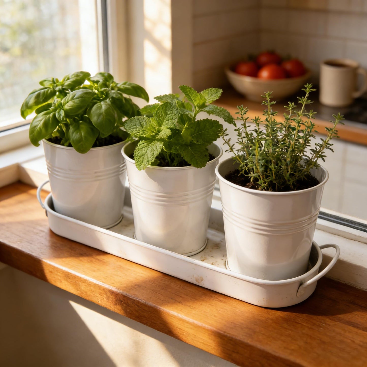 SORANGEUN Metal Herb Garden Planter Set with Tray, 3-Pack White Zinc-Coated Windowsill Plant Pots with Drainage Holes & Handles for Indoor Outdoor Kitchen Garden