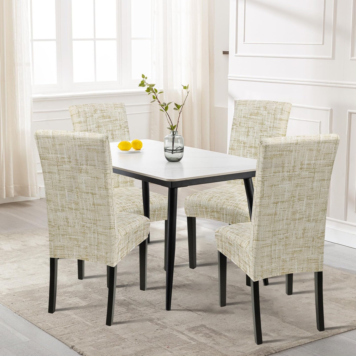 SearchI Dining Room Chair Covers Set of 4, Stretch Printed Parsons Chair Slipcovers Removable Washable Kitchen Chair Protector Cover for Dining Room, Hotel, Ceremony (Flaxen Print)