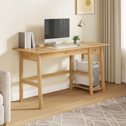 NELYE Solid Wood Desk with Drawer - 58 Inch Modern Writing and Computing Workstation for Home Office in Oak