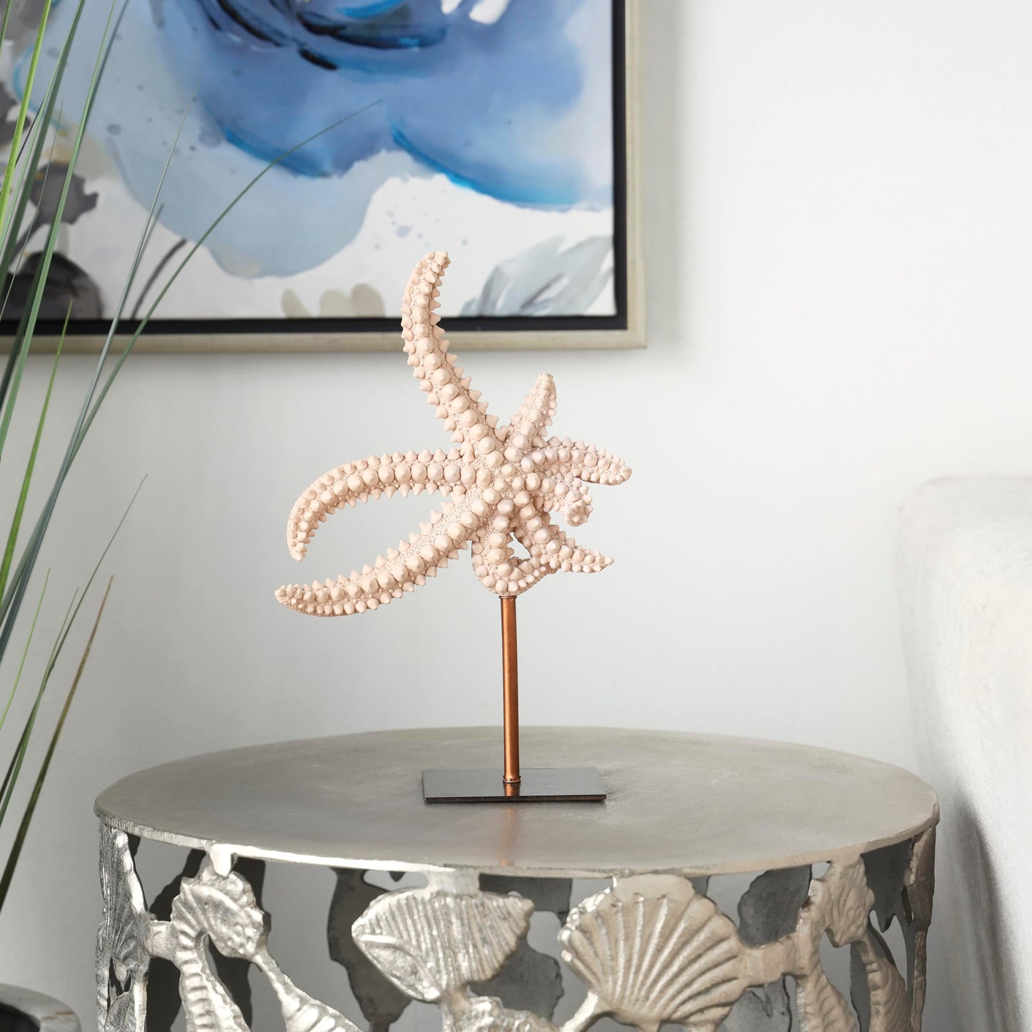 Deco 79 Polystone Starfish Decorative Sculpture Textured Home Decor Statue with Copper Stand, Accent Figurine 8" x 4" x 12", Pink