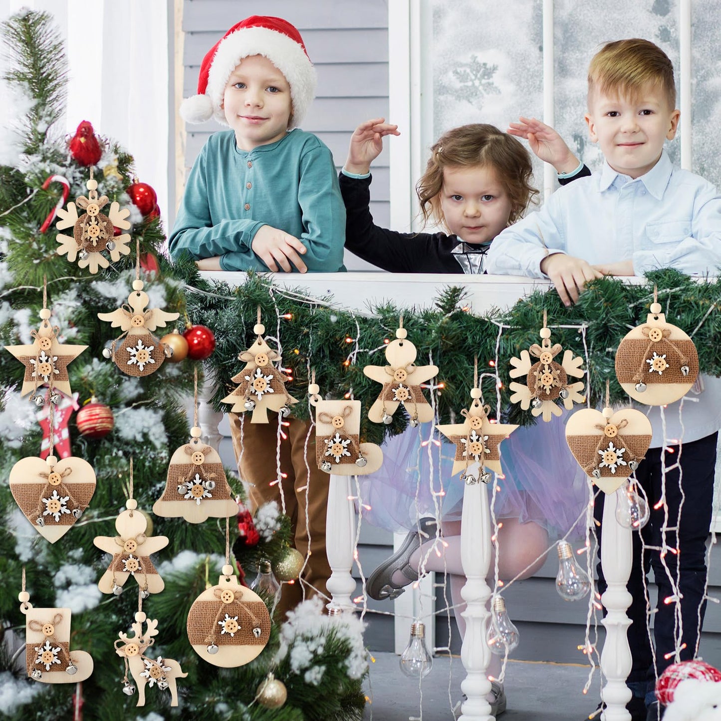 Soaoo 20 Pcs Rustic Christmas Wooden Ornament Set Farmhouse Reindeer Star Wood Ornaments Wood Christmas Tree Decorations with Burlap Rope Bell 10 Style Decorative Hanging Decor for Xmas Home(Rustic)