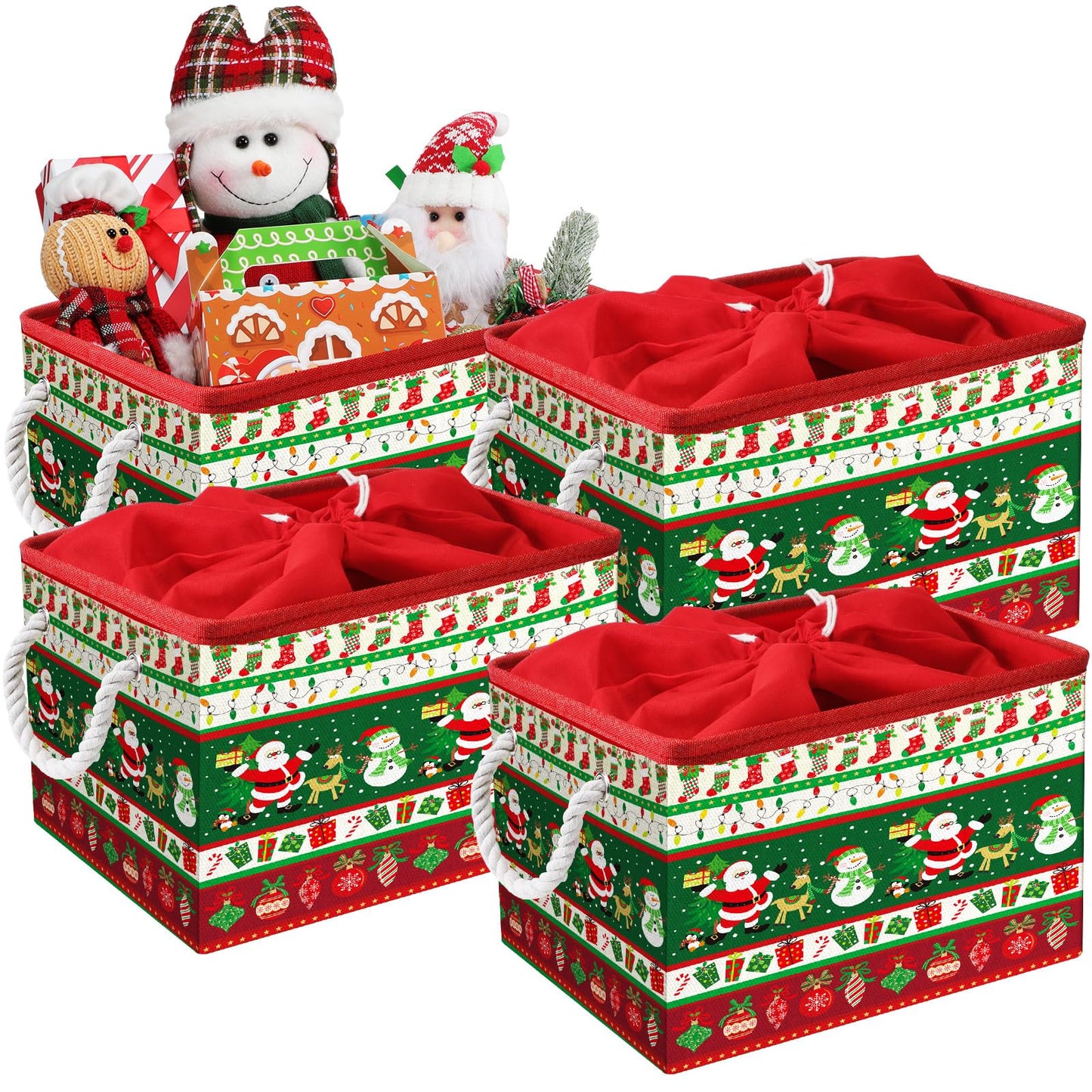 Acellegic 4 Pcs Large Christmas Storage Basket 15 x 10 x 9.5 Inch Foldable Christmas Storage Bins with Handles & Drawstring Lid Xmas Bins Cotton Laundry Organizer for Holiday Bedroom Home(Classic)