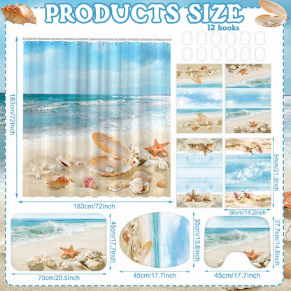 FuWeave 8 Pcs Summer Beach Shower Curtain Set Bathroom Decor Sea Ocean Waterproof Bathroom Accessories Shower Curtain Sets with Towels Carpet Bath Mat Toilet Rugs and 12 Hooks