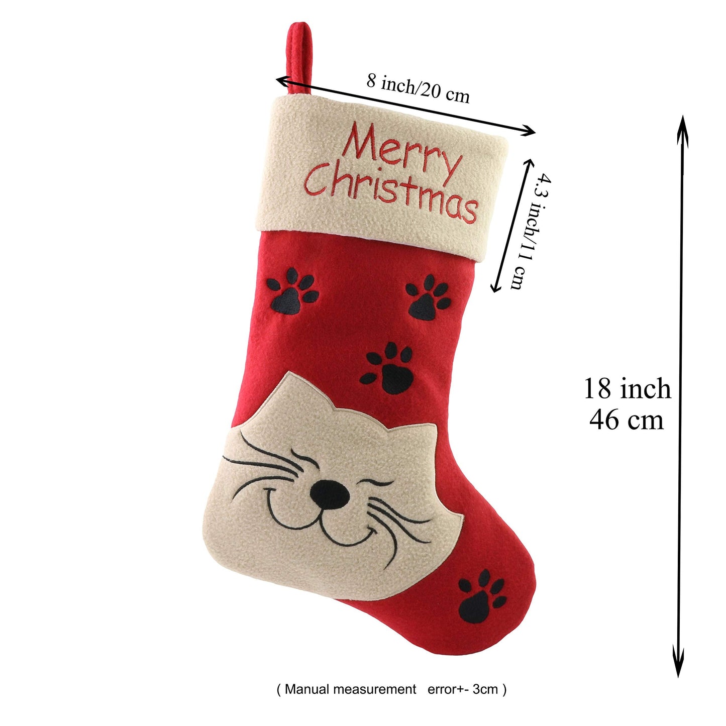 WEWILL 18’’ Cat Felt Christmas Stockings Paws Embroidered for Pets Kitty Red Xmas Stocking Gift Bag Cuff Lovely Home Holiday Decoration