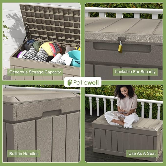 Patiowell 82 Gallon Resin Deck Box, Waterproof Large Wood Look Storage Box for Patio Furniture, Pool Accessories, Garden Tools and Sports Equipment, Lockable, Light Brown