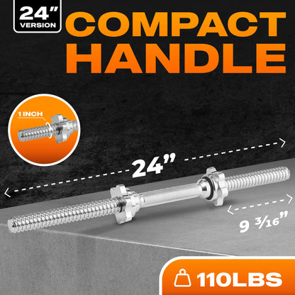 Yes4All Pair of Threaded Dumbbell Handles 14/16/18/24 inch, Chrome/Rubber Grip, Fit 1” Plates, Weight Bar Connector