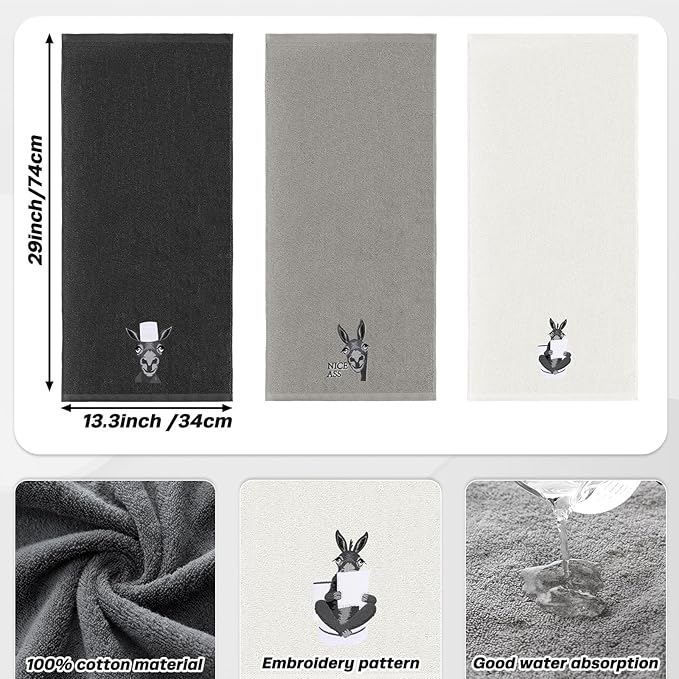 3 Pcs Funny Donkey Hand Towels Embroidered Donkey Farmhouse Decorative Bathroom