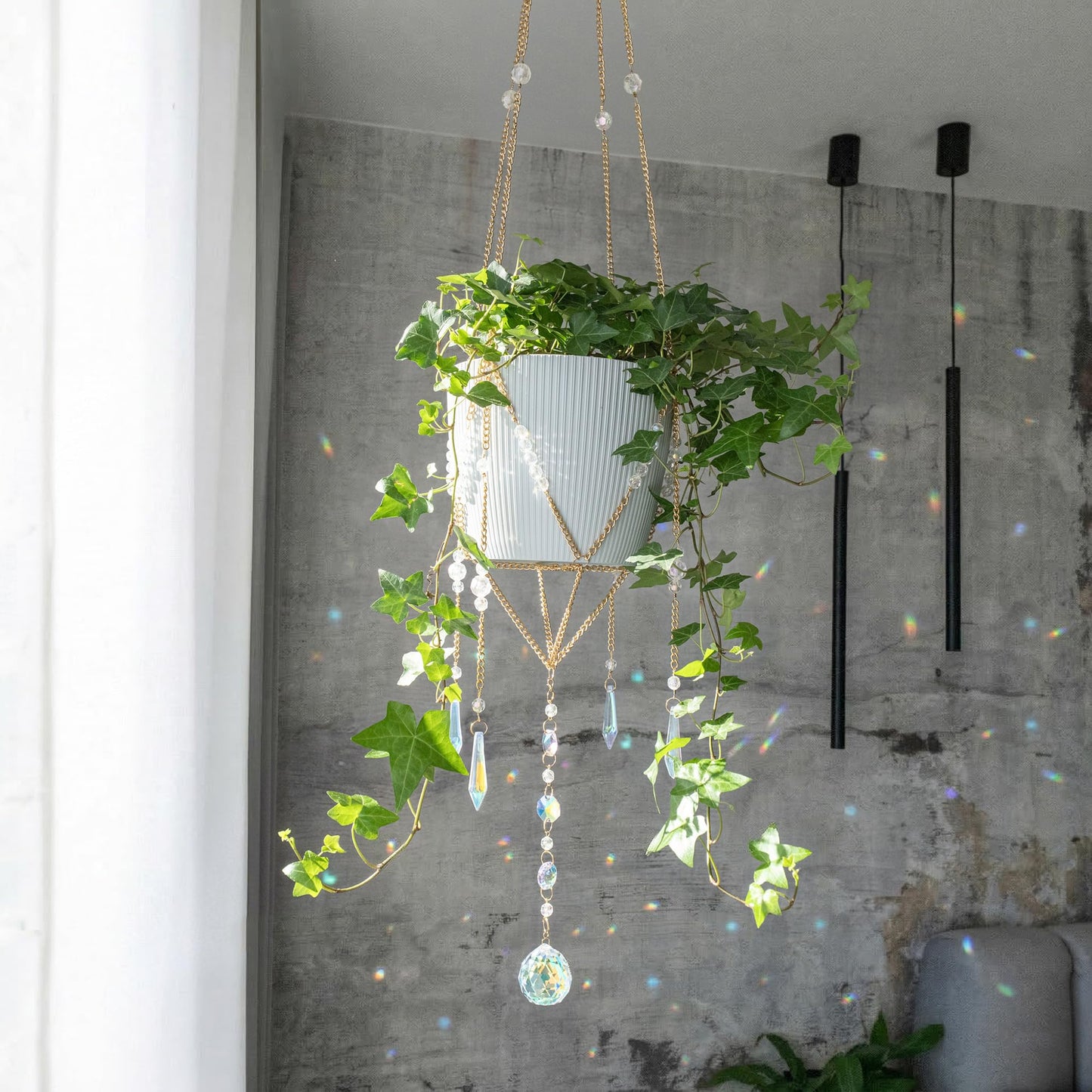 Sun Catcher Plant Hanger with Beads and Glass Crystal Ball Suncatcher.