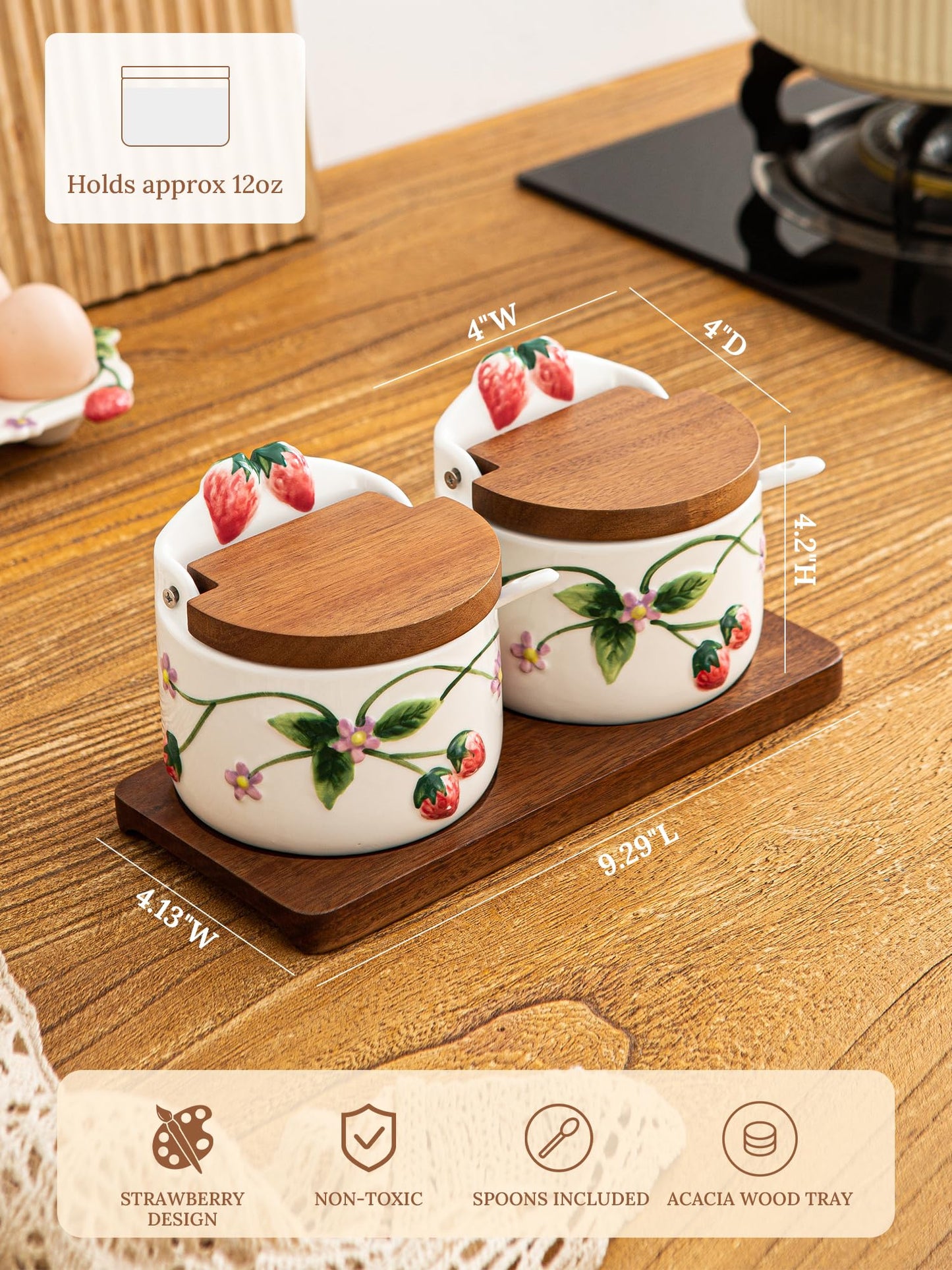 Ceramoira Ceramic Salt and Pepper Cellar Set with Spoons, Lids, and Tray | Handmade Strawberry Condiment Holders for Spices, Sugar, Seasonings, and More | Holds 12oz. Each