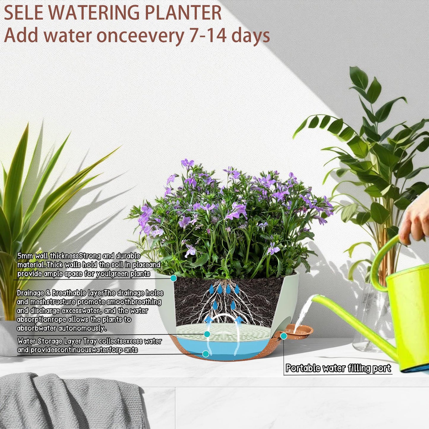 zople 2 Pack 12 Inch Self Watering Hanging Planters for Indoor Plants, Large Green Brown Plastic Hanging Pots with Chains for Outdoor Patio Garden Home Decor Green Brown