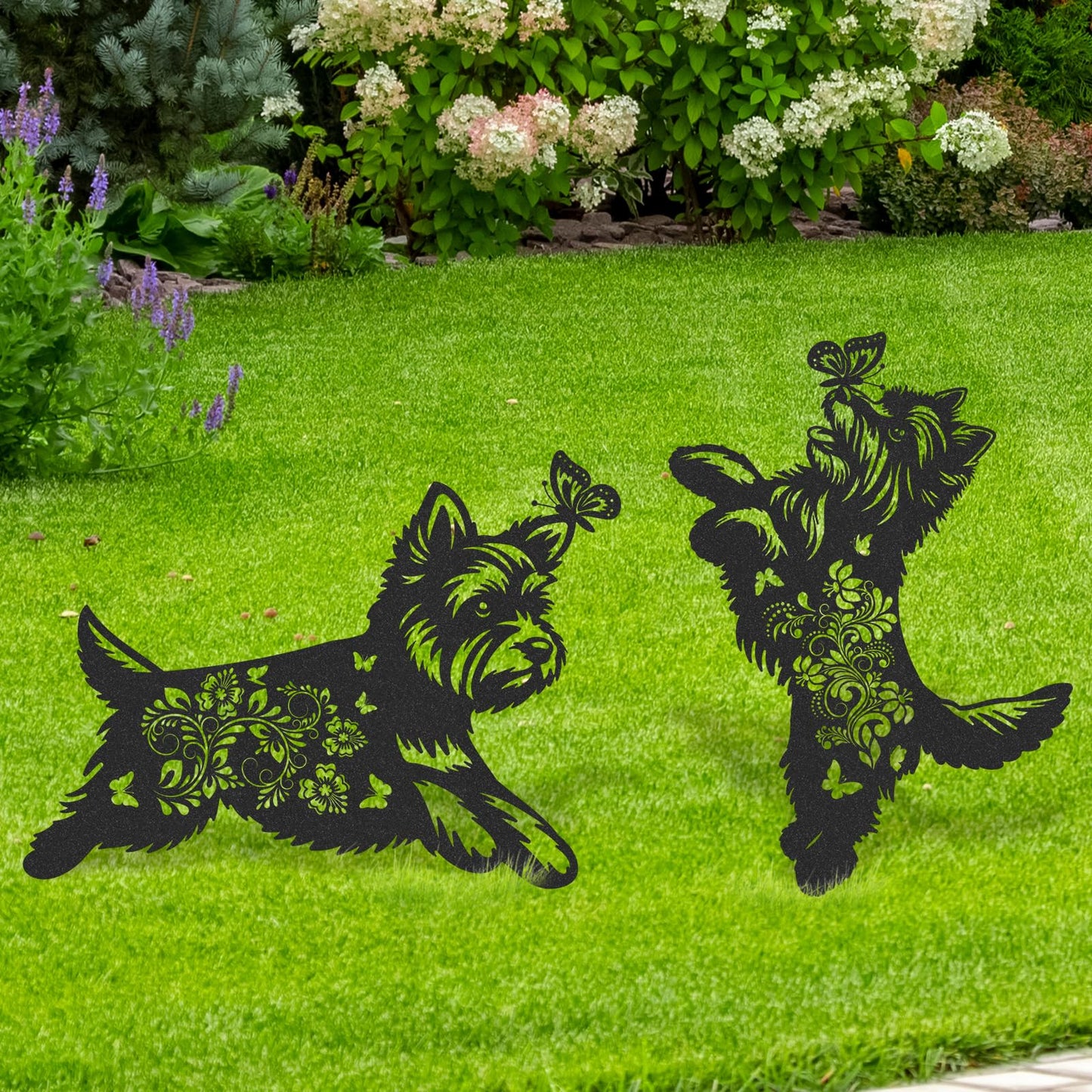 LIRAVENO Yorkie Metal Garden Stakes - 2 Pcs Animal Yard Statues Dog Decor Patio Lawn Decoration Outside Waterproof Butterfly Flower Silhouette Pathway Sign Christmas Birthday Gifts for Dogs Lover