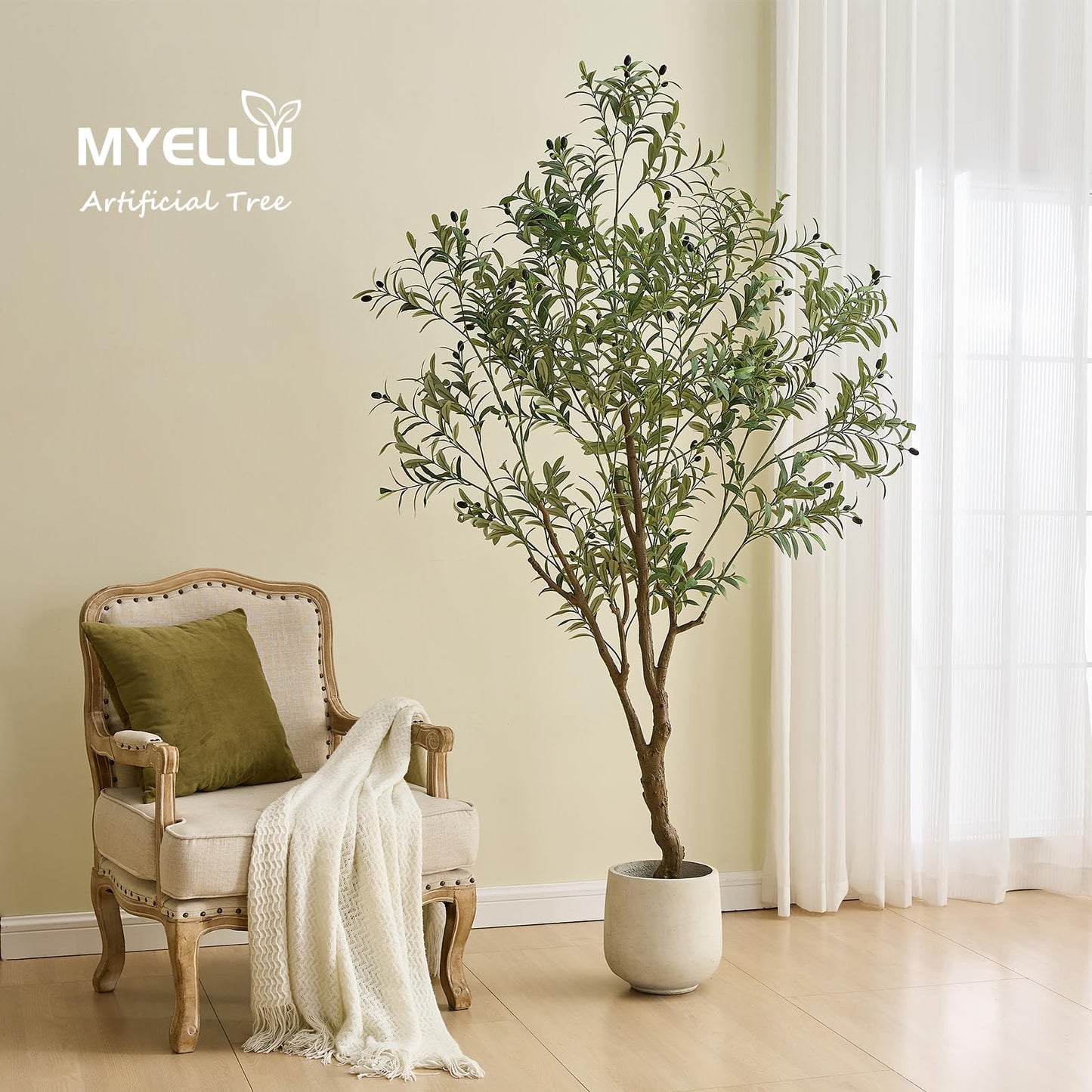 MYELLU 7FT Olive Tree Artificial Plant Decor - Tall Fake Tree for Home Decor Faux Plant Indoor 2000 Leaves Artificial Olive Tree for Living Room Bedroom Office Live Streams Decorative Modern Greenery